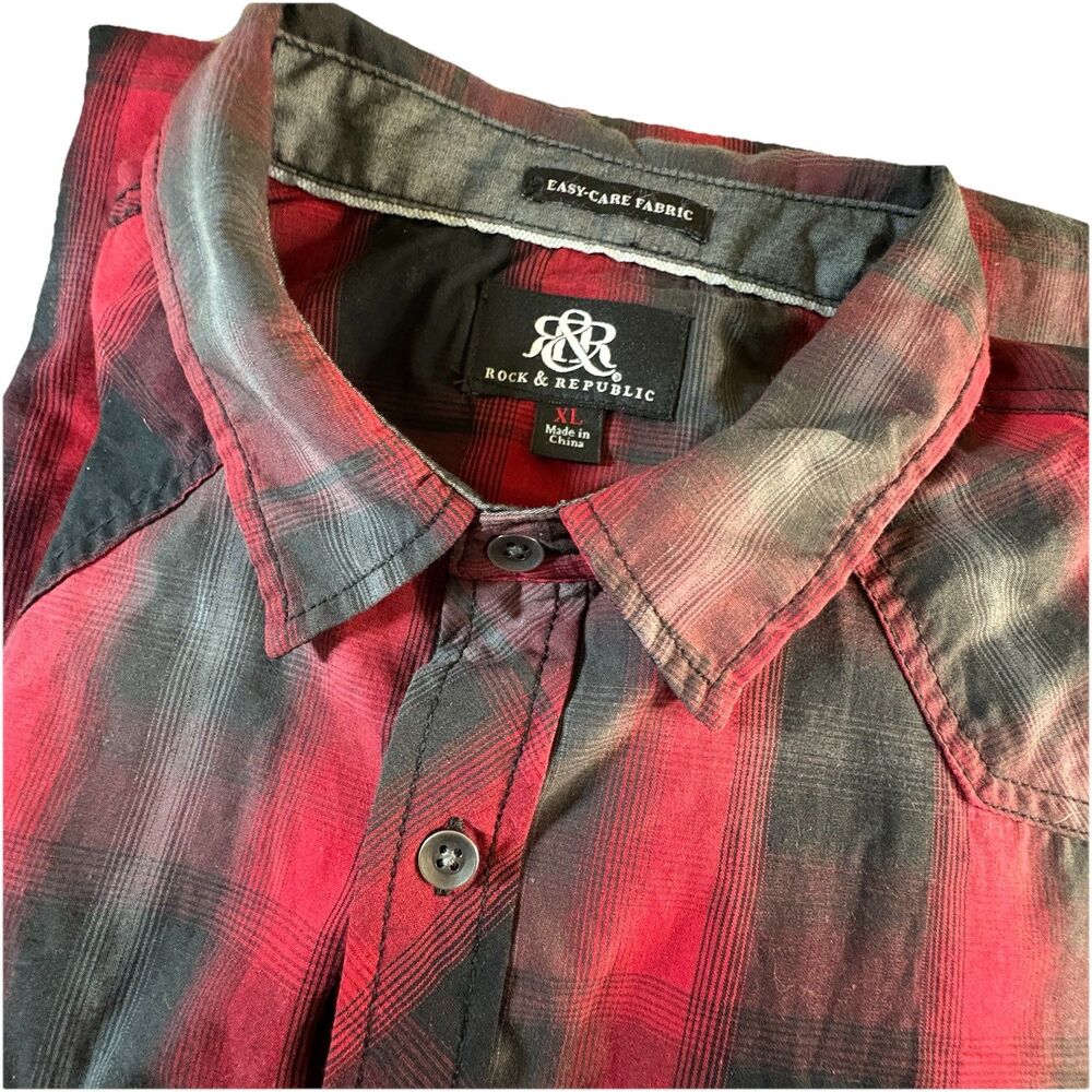 Rock & Republic Mens Shirt X-Large Red Plaid Roll Tab Long Sleeve Button Pockets